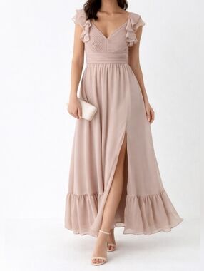 Birdy Grey Blush Chiffon Ruffle Strap Dress Midi Maxi Coquette Romantic Small